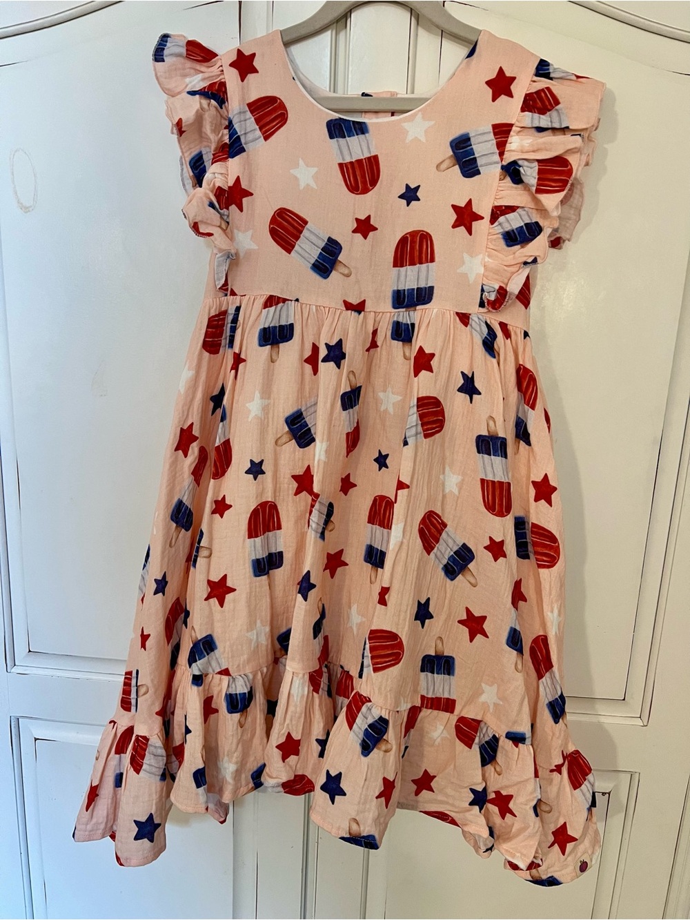 Cheeky Plum Girls Pink Ruffle Dress w/ Red, White & Blue Star Popsicle Print NWT
